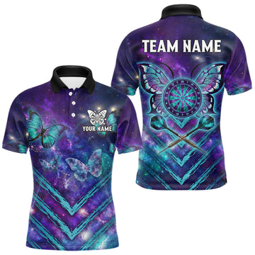 Maxcorners Blue Purple Galaxy Darts Polo & 1/4 Zip Shirt For Men Personalized Butterfly Dart Team Appeal LM0404