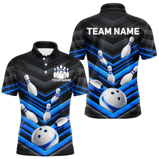 Maxcorners Black And Blue Bowling Polo 1/4-Zip Shirts For Men Custom Bowling Team Tournament Jerseys LM0607