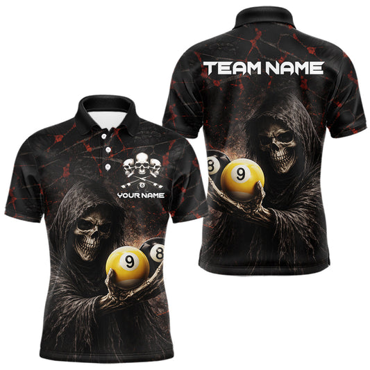 Maxcorners Red Grunge Grim Reaper Hold 8 Ball & 9 Ball Pool Men Billiard Shirt Custom Billiard Team Attire LM0402