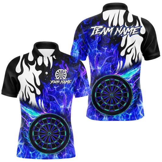 Maxcorners Custom Blue Flaming Dartboard Darts Polo & 1/4-Zip Shirts For Men Fire Dart Team Jerseys LM0503