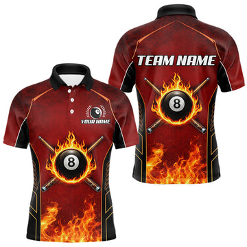 Maxcorners Red Billiard 8 Ball Cue Shirts For Men Custom Fire Flame Pool Team Billiard Polo & 1/4 Zip Jerseys LM0404