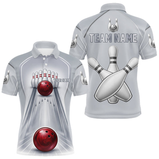 Maxcorners Silver And Red Bowling Custom Bowling Polo & Quarter Zip Team Shirts, Men Bowling Outfit Jersey
