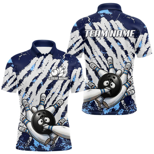 Maxcorners Blue And White Grunge Funny Bowling Ball & Pins Shirts Custom Team Bowling Jerseys For Men LM0706