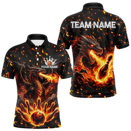 Maxcorners Fire Flame Dragon Bowling Polo Quarter Zip Shirts For Men Custom Team Bowling Jerseys | Red LM0706