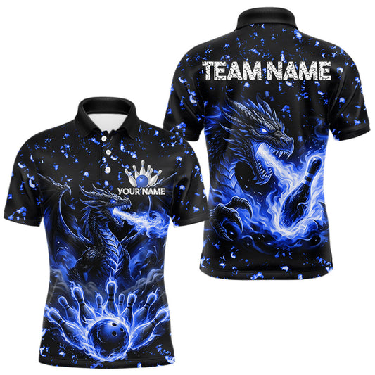 Maxcorners Fire Flame Dragon Bowling Polo Quarter Zip Shirts For Men Custom Team Bowling Jerseys | Blue LM0706