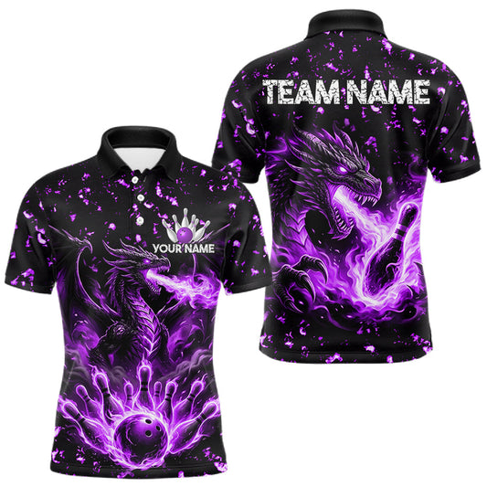 Maxcorners Fire Flame Dragon Bowling Polo Quarter Zip Shirts For Men Custom Team Bowling Jerseys | Purple LM0706