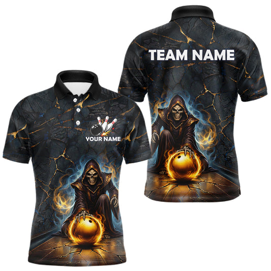 Maxcorners Flame Grim Reaper Custom Men Bowling Polo & Quarter-Zip Shirts Gold Bowling Ball League Jerseys LM1104