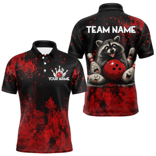 Maxcorners Red Splatter Cute Raccoon Men Bowling Shirts Custom Funny Bowling Pins Team Jerseys For Bowlers LM1005