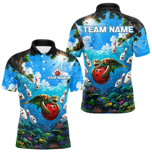 Maxcorners Funny Ocean Turtle Bowling Shirts For Men Custom Funny Polo & 1/4 Zip Bowling Team Jersey LM1406
