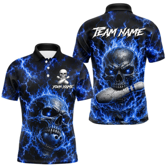 Maxcorners Mens Blue Skull Bowling Shirts Custom Thunder Lightning Bowling Team Jerseys, Bowling Gifts LM1406