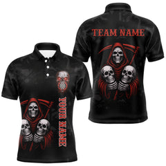 Maxcorners Custom Red Grim Reaper Grunge Black Dart Polo Shirts For Men Skull Dart League Jerseys LM1112
