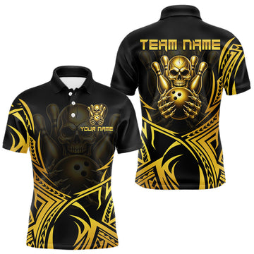 Maxcorners Mens Skull Bowling Shirts Gold Tribal Pattern Custom Skull Bowling Polo Quarter-Zip Team Jersey