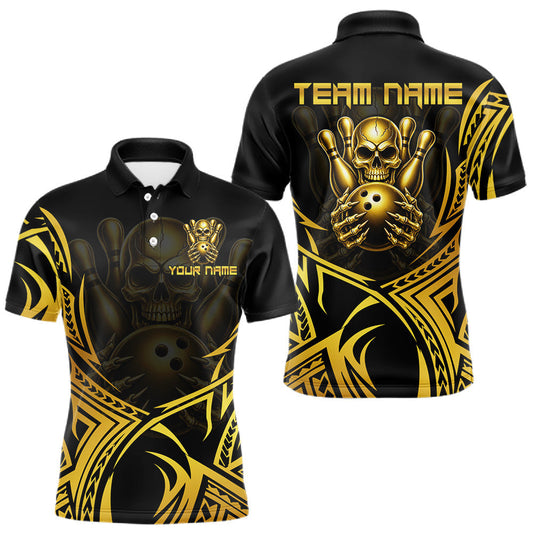Maxcorners Mens Skull Bowling Shirts Gold Tribal Pattern Custom Skull Bowling Polo Quarter-Zip Team Jersey