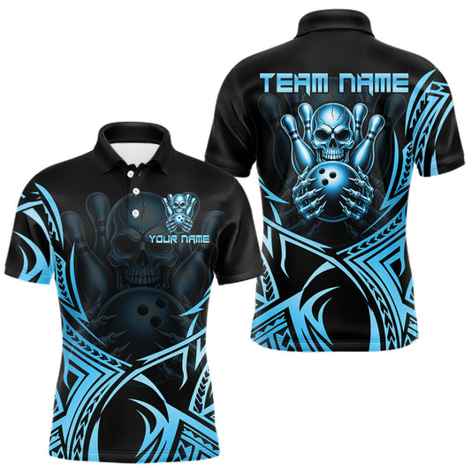Maxcorners Mens Skull Bowling Shirts Blue Tribal Pattern Custom Skull Bowling Polo Quarter-Zip Team Jersey