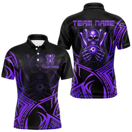 Maxcorners Mens Skull Bowling Shirts Purple Tribal Pattern Custom Skull Bowling Polo Quarter-Zip Team Jersey