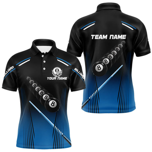 Maxcorners Black & Blue Billiard Ball Cue Pool Men Polo & 1/4-Zip Shirt Custom 8 Ball 3D Billiards Attire LM1104