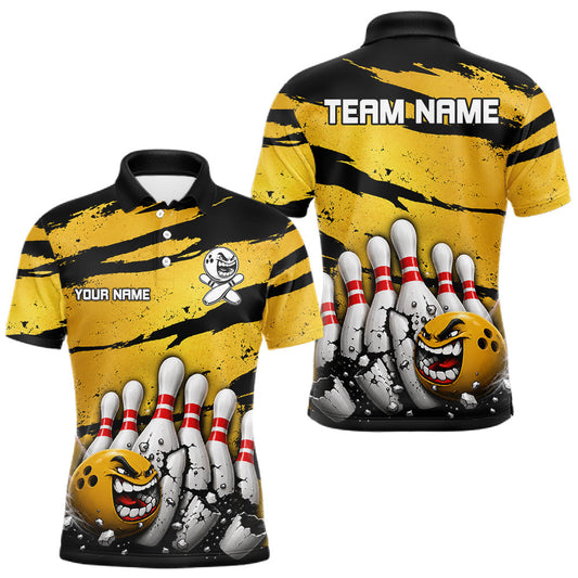 Maxcorners Yellow Grunge Mens Bowling Shirts Custom Funny Bowling Cracked Ball & Pins League Bowler Jerseys