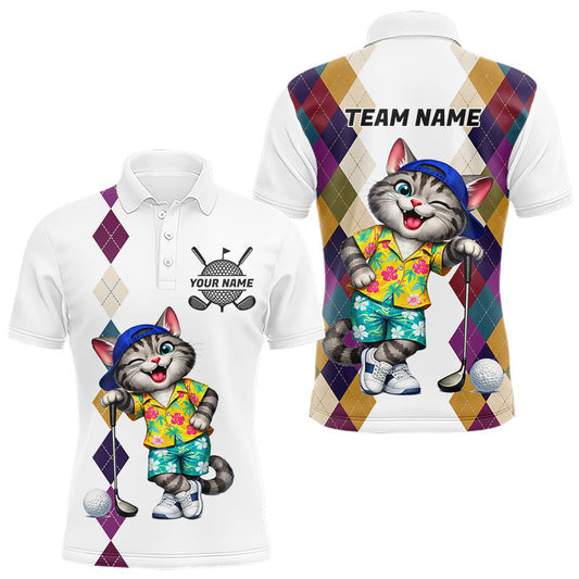 Maxcorners Mens Colorful Argyle Golf Shirts Custom Cat Golfer Clothing Golf Polo Jersey, Best Golf Gifts LM1104