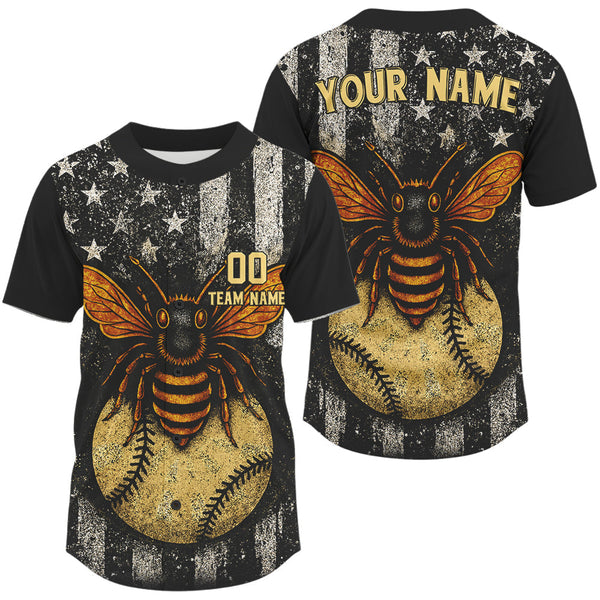 Maxcorners Custom Black-White US Flag Bee Grunge Baseball Shirt For Men Patriotic Baseball Jersey LM1109
