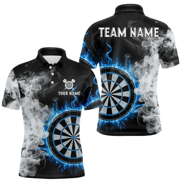 Maxcorners Custom White Smokes Blue Flames Dartboard Dart Men Polo Jerseys Dart Team Shirt TU1410