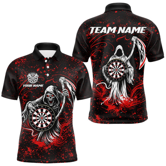 Maxcorners Black & Red Splatter Grim Reaper Hold Dartboard Dart Polo Shirts For Men Custom Dart Team Shirts LM1202