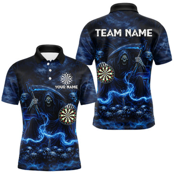 Maxcorners Blue Smoking Grim Reaper Dartboard Dart Polo Shirts For Men Custom Multiskull Dart Team Shirts LM1202