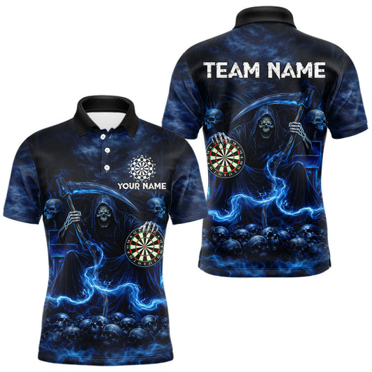 Maxcorners Blue Smoking Grim Reaper Dartboard Dart Polo Shirts For Men Custom Multiskull Dart Team Shirts LM1202