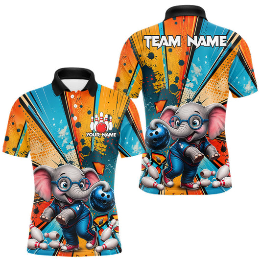 Maxcorners Custom Funny Elephant Cartoon Bowling Team Jerseys, Bowling League Polo & 1/4-Zip Shirt For Men
