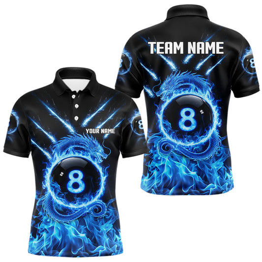 Maxcorners Blue Flaming Dragon Pool 8 Ball Men Billiard Team Shirt Custom Billiard Polo & 1/4-Zip Attire