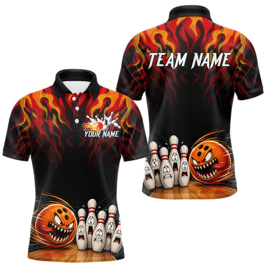 Maxcorners Funny Angry Ball & Pins Mens Bowling Shirt Custom Fire Flame Team Bowling Jersey For Bowlers LM1705