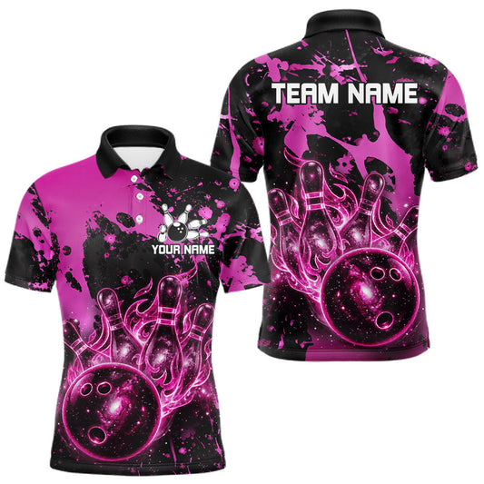 Maxcorners Custom Black And Pink Splatter Bowling Polo 1/4-Zip Shirt For Men, Galaxy Bowling Team Uniforms LM1406