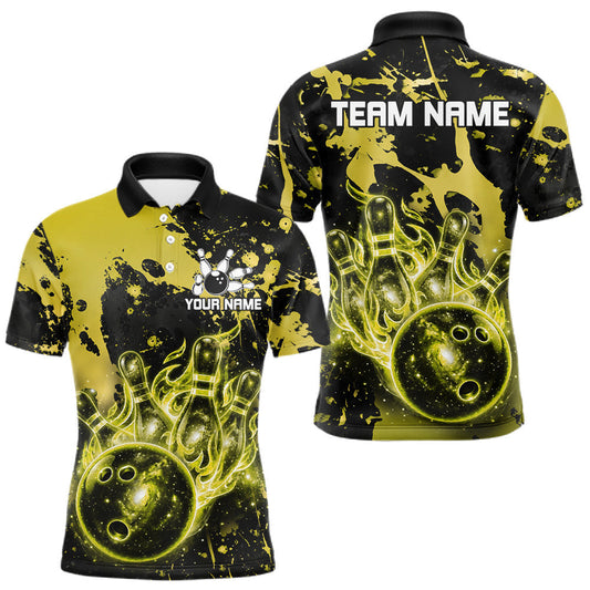 Maxcorners Custom Black And Yellow Splatter Bowling Polo 1/4-Zip Shirt For Men, Galaxy Bowling Team Uniforms LM1406