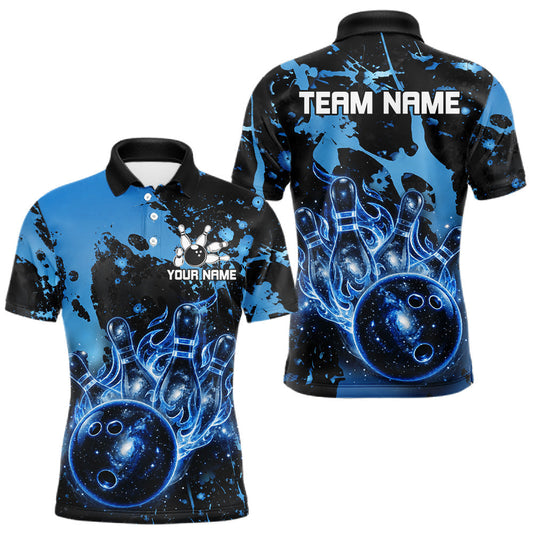 Maxcorners Custom Black And Blue Splatter Bowling Polo 1/4-Zip Shirt For Men, Galaxy Bowling Team Uniforms LM1406