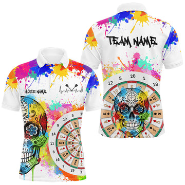 Maxcorners Custom Colorful Splatter Skull Dartboard Men Darts Polo Team Shirts Dart Jerseys | White LM1812