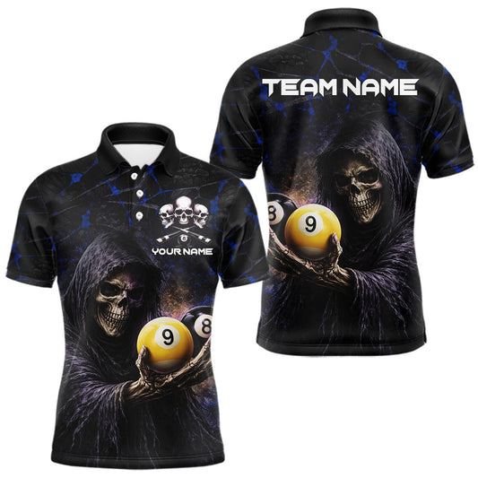 Maxcorners Blue Grunge Grim Reaper Hold 8 Ball & 9 Ball Pool Men Billiard Shirt Custom Billiard Team Attire LM2602