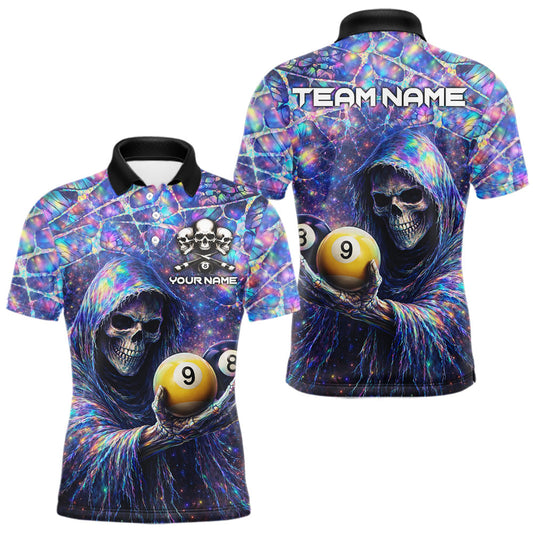 Maxcorners Holographic Grunge Grim Reaper Hold 8 Ball 9 Ball Pool Men Billiard Shirt Custom Billiard Team Attire LM2602