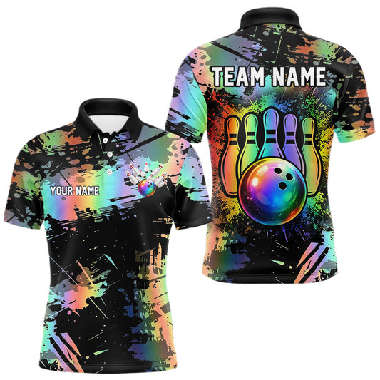 Maxcorners Custom Rainbow Holographic Splatter Bowling Shirts For Men, Colorful Bowling Pin And Ball Jersey