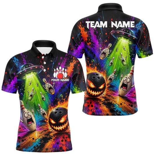 Maxcorners Colorful Splatter Ufo Alien Bowling Polo Quarter Zip Shirts For Men Custom Bowling Team Jersey