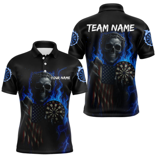 Maxcorners Custom Blue Flames Skeleton USA Flag Dart Men Polo Jerseys Patriotic Dart Team Shirt LM1610