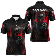 Maxcorners Custom Red Flames Skeleton USA Flag Dart Men Polo Jerseys Patriotic Dart Team Shirt LM1610
