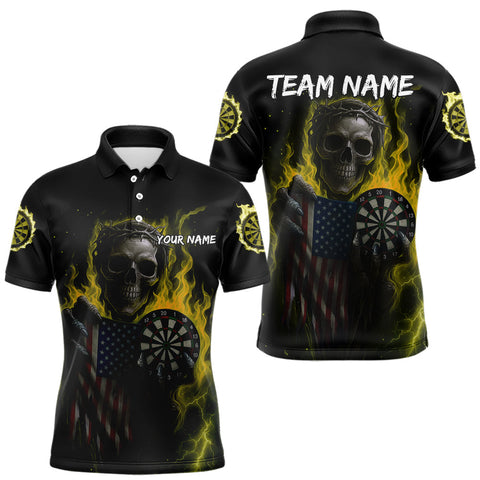 Maxcorners Custom Yellow Flames Skeleton USA Flag Dart Men Polo Jerseys Patriotic Dart Team Shirt LM1610