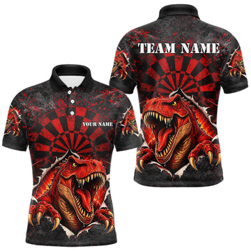 Maxcorners Custom Red Grunge Dart Polo & Quarter Zip Shirt For Men Dinosaur Funny Darts Team Jersey