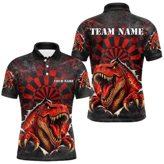 Maxcorners Custom Red Grunge Dart Polo & Quarter Zip Shirt For Men Dinosaur Funny Darts Team Jersey