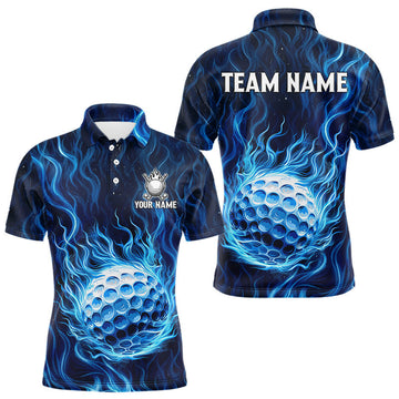Maxcorners Mens Golf Polo Shirt Personalized Fire Flame Golf Ball Clothing Golf Tops For Golfers | Blue LM1705