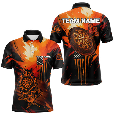 Maxcorners Custom Orange Grunge Skull Dartboard Patriotic Dart Men Polo Jerseys US Flag Dart Shirt MT1810