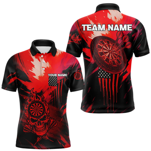 Maxcorners Custom Red Grunge Skull Dartboard Patriotic Dart Men Polo Jerseys US Flag Dart Shirt MT1810