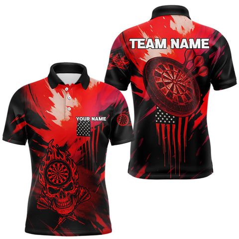 Maxcorners Custom Red Grunge Skull Dartboard Patriotic Dart Men Polo Jerseys US Flag Dart Shirt MT1810