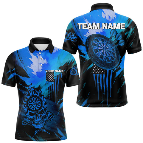 Maxcorners Custom Blue Grunge Skull Dartboard Patriotic Dart Men Polo Jerseys US Flag Dart Shirt MT1810