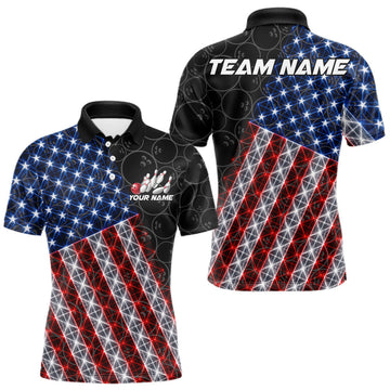 Maxcorners Lightning American Flag Black Bowling Shirts For Men Custom Patriotic Team Bowling Jersey LM1705