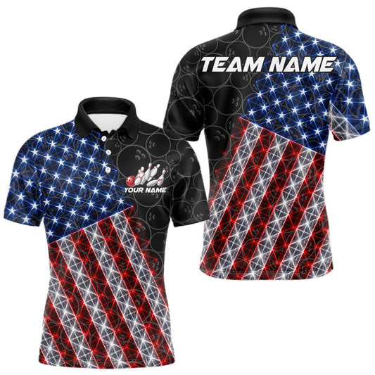 Maxcorners Lightning American Flag Black Bowling Shirts For Men Custom Patriotic Team Bowling Jersey LM1705